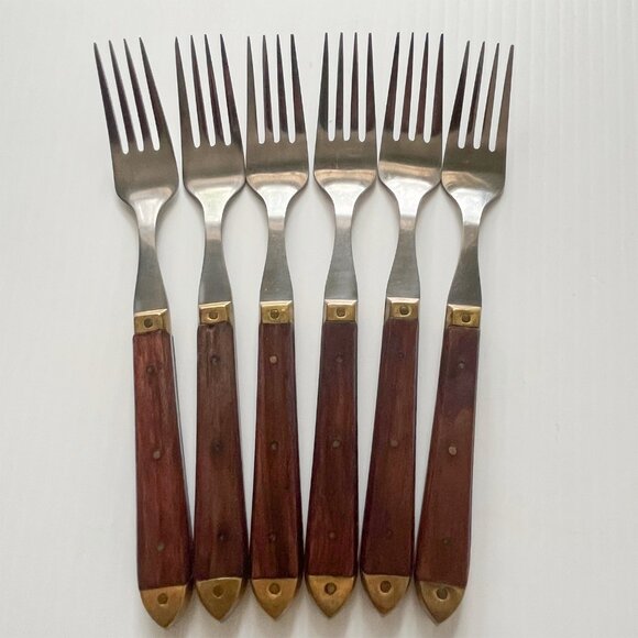 Vintage France Stainless Dinner Forks with Wood Brass Handle Set of 6 MCM - Picture 1 of 6